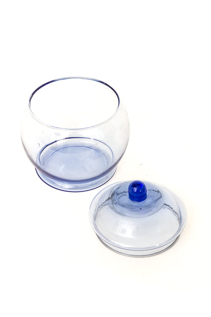 Blauwe vintage glazen snoeppot met deksel