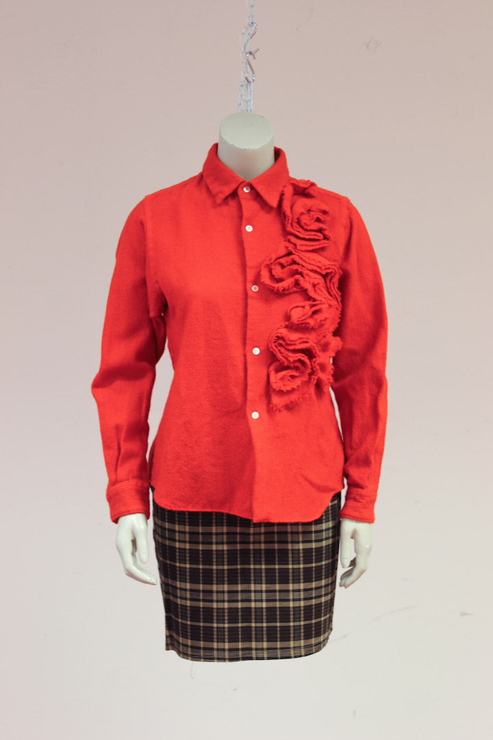 Vintage rode wollen Comme des Garcons blouse met rusches.