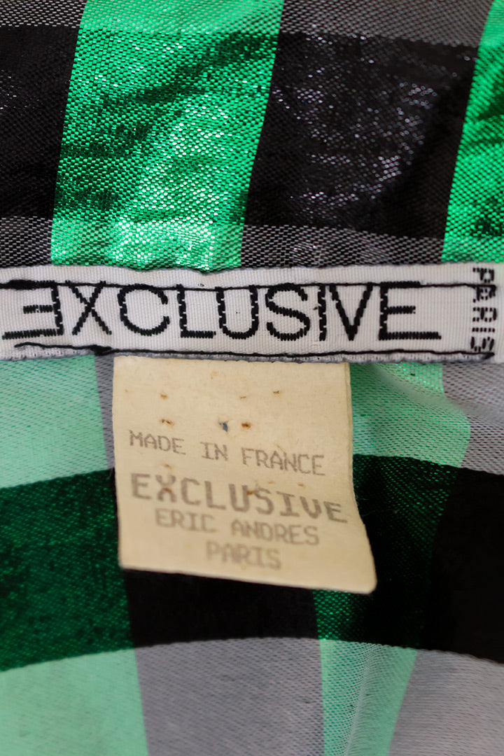 Eighties blouse groen en zwart geblokt met pofmouwen en opstaand kraagje