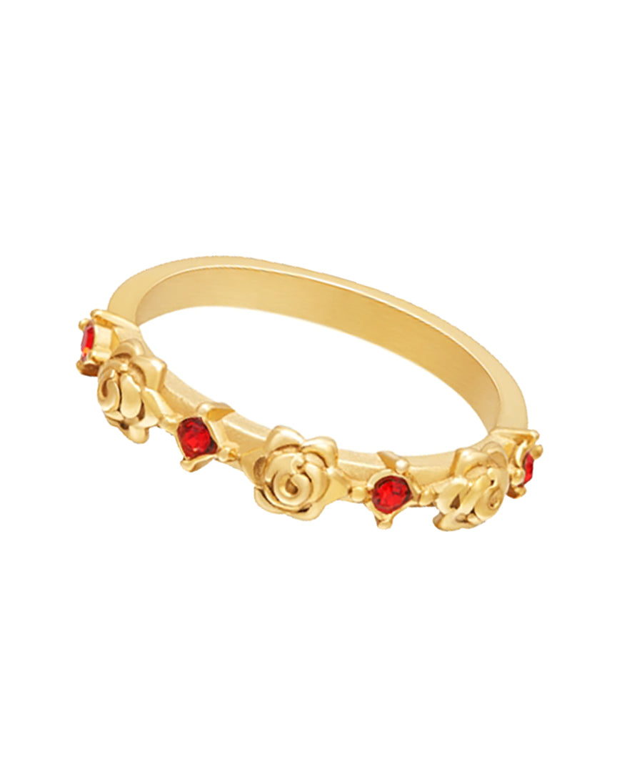 Goudkleurige ring met rozen en rode glassteentjes