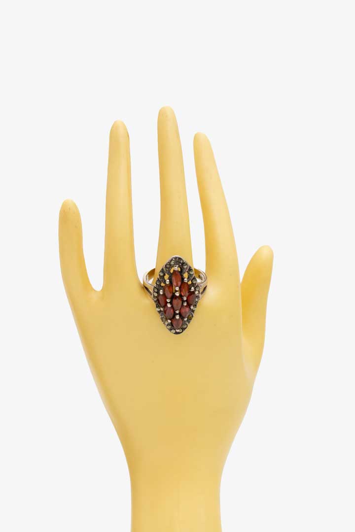 Jaren 20 925 zilveren ring ingelegd met marcasiet en roze granaat