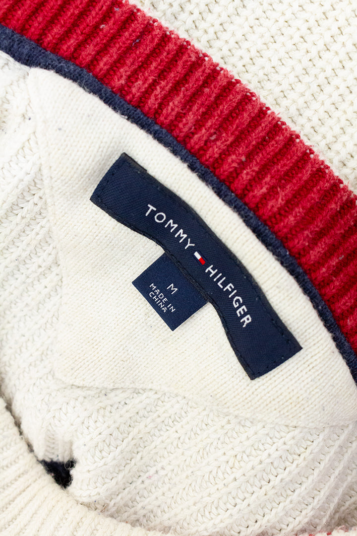 Tommy Hilfiger beige heren trui van gebreid katoen met donkerblauwe strepen