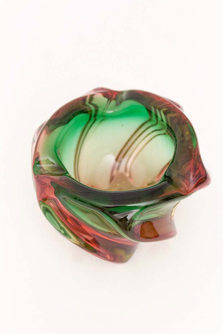 Vintage Murano glazen asbak of schaaltje met groen/roze swirl