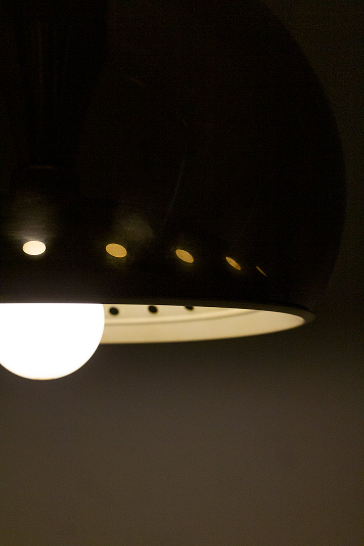Vintage Space Age hanglamp Dijkstra met bruine kunststof bol en aluminium binnenwerk