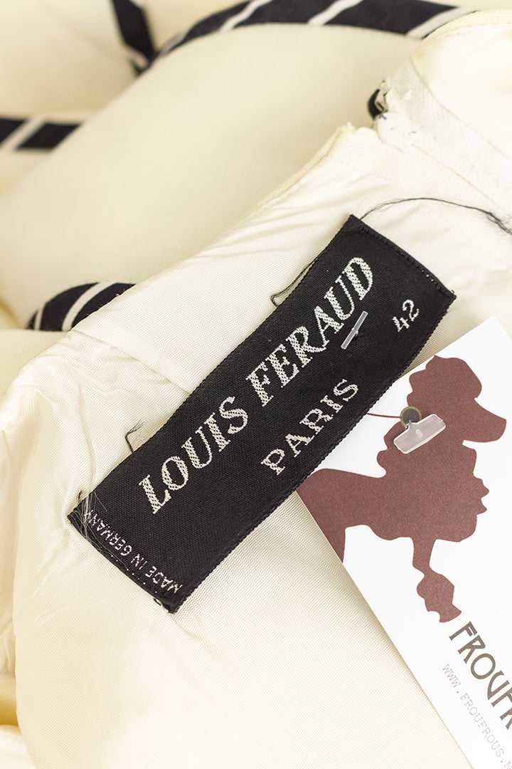 Vintage crèmekleurige jurk met zwarte gestreepte biezen Louis Feraud Paris