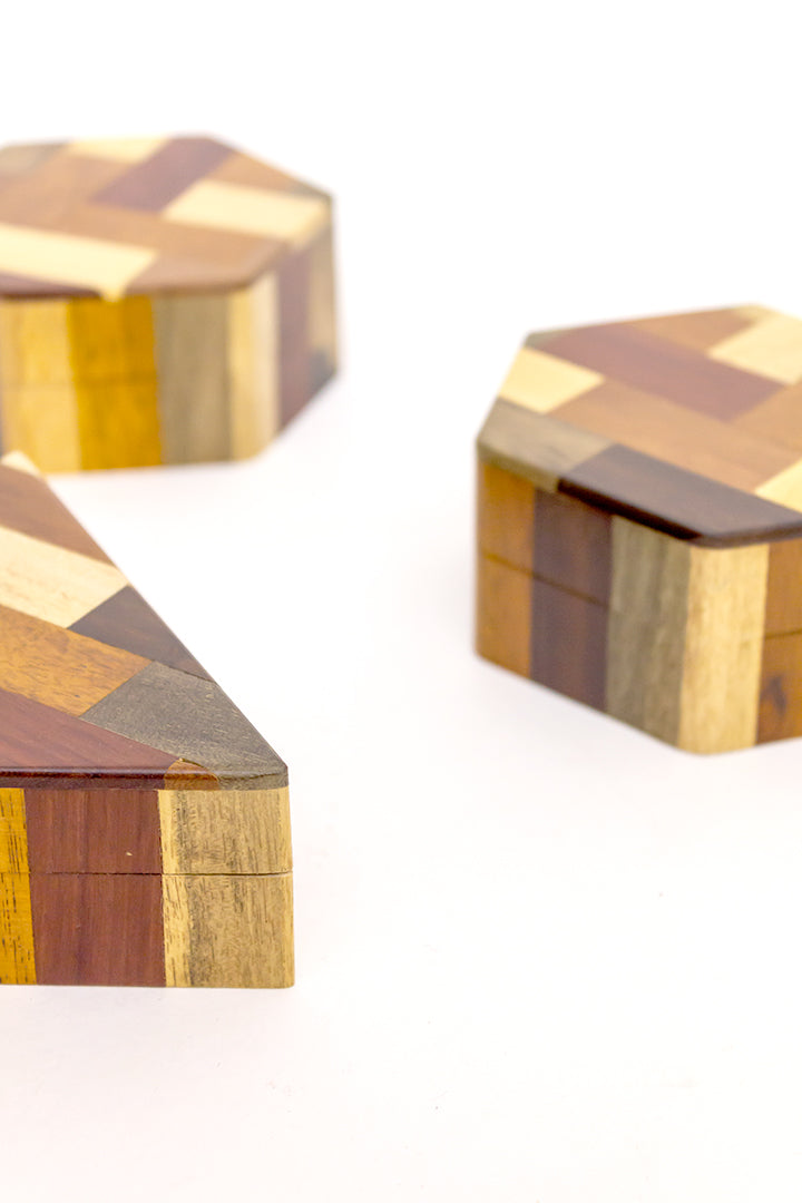 Vintage geometrische doosjes houtmix met deksel - set van 3