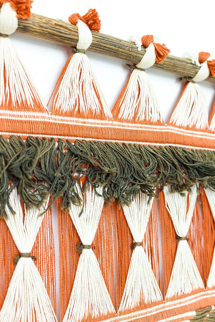 Vintage geweven wandkleed met open structuur oranje/beige/groen