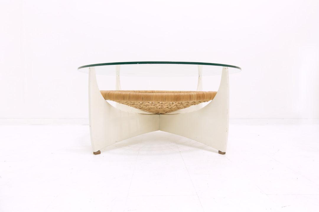 Vintage glazen ronde salontafel wit met rotan lectuurbak