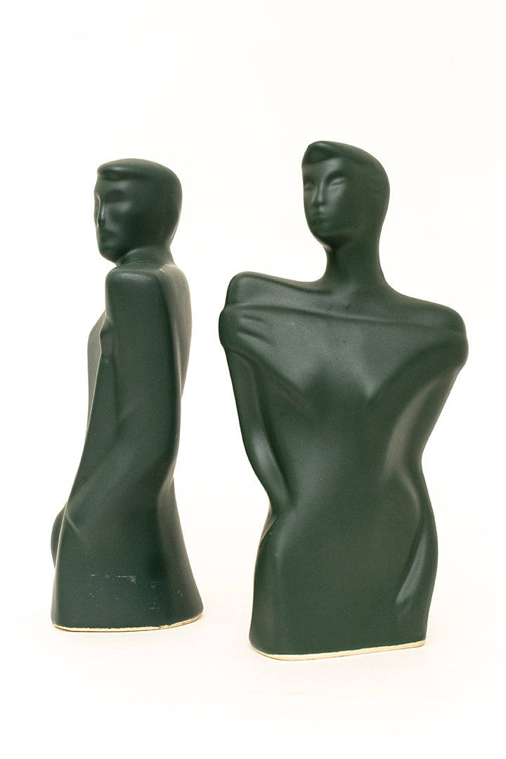 Vintage groene keramieken bustes in de stijl van Lindsey B ‘Rick & Rachel’ jaren 80