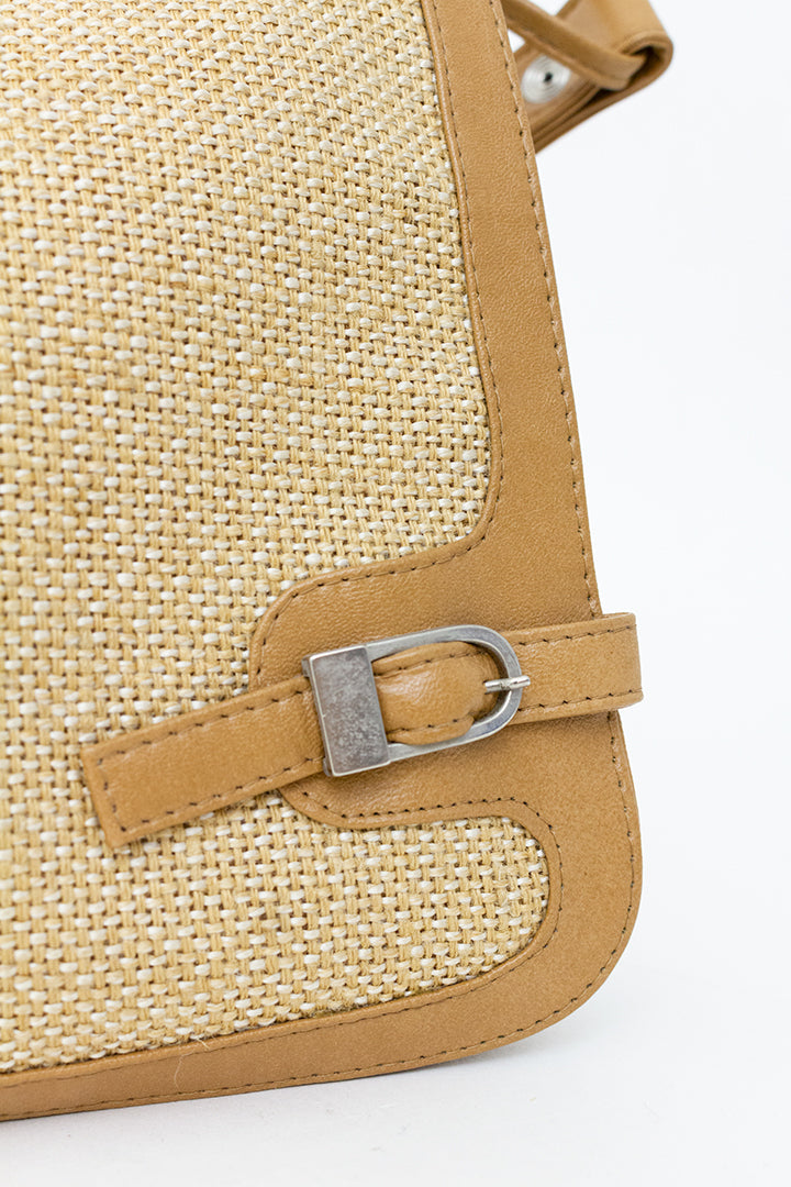 Vintage rotan schoudertas met bruine leren details