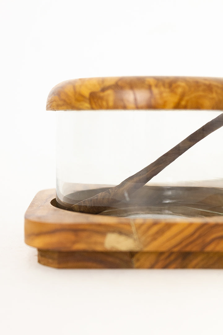 Vintage suikerpot met lepeltje olijfhout en glas