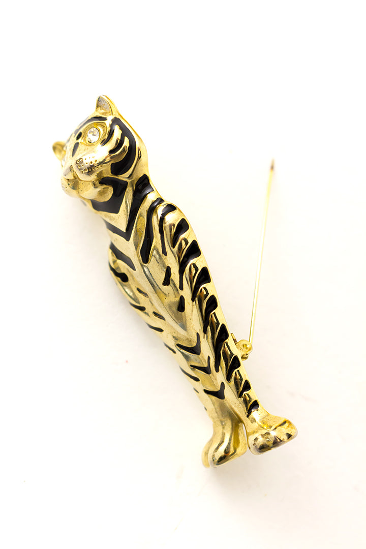 Vintage tijger broche goudkleurig met strass steentjes