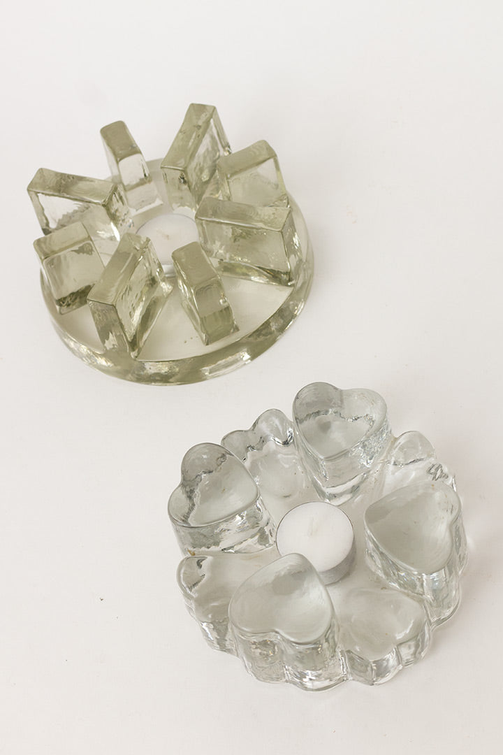 Vintage waxinelichthouder of rechaud van massief glas met stroken West-Germany