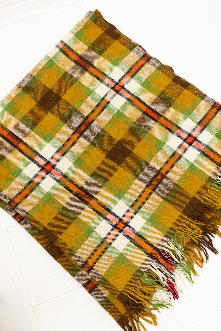 Vintage wollen deken met geruit patroon en franjes jaren 70