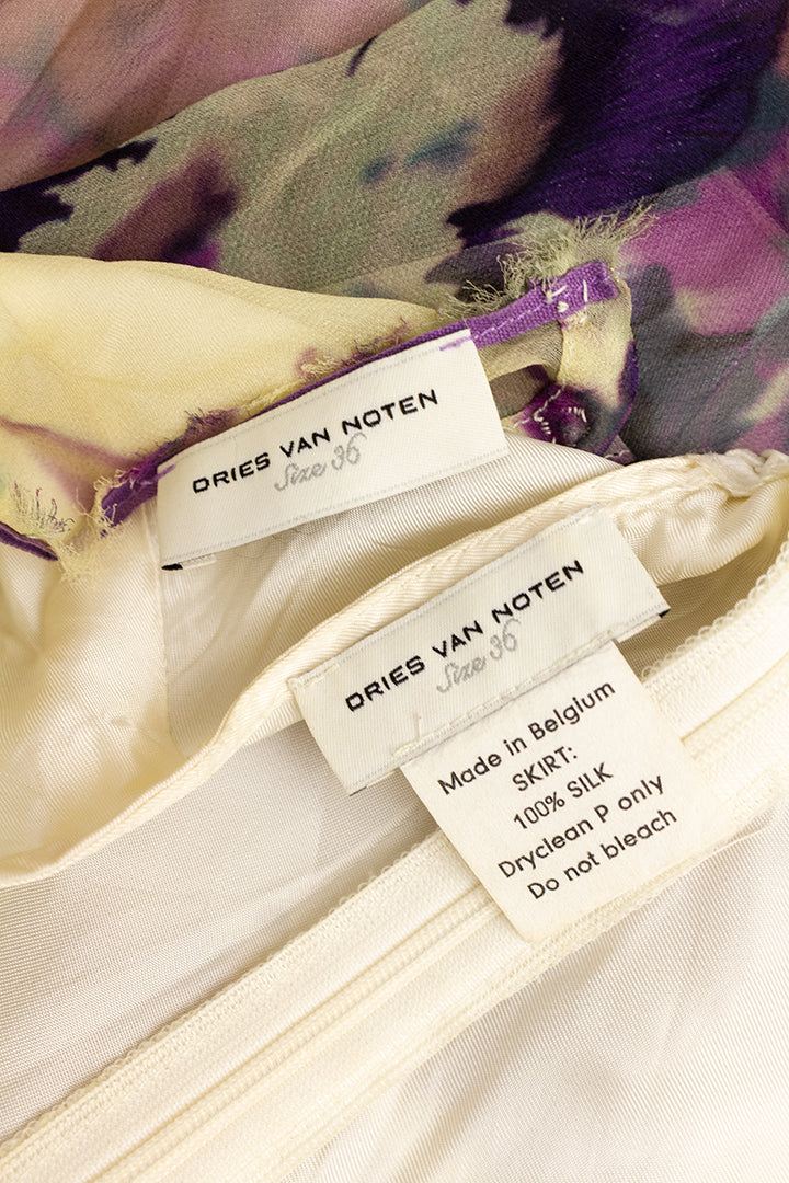 Zijden midirok met bloemen beige/paars Dries van Noten