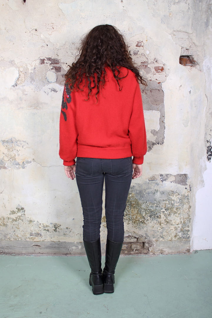Rood gebreid eighties vintage vest met grijs patroon en pailletten
