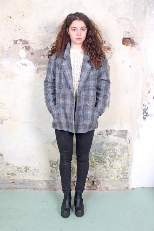 Grijs/blauw wollen geruite blazer met raglanmouw