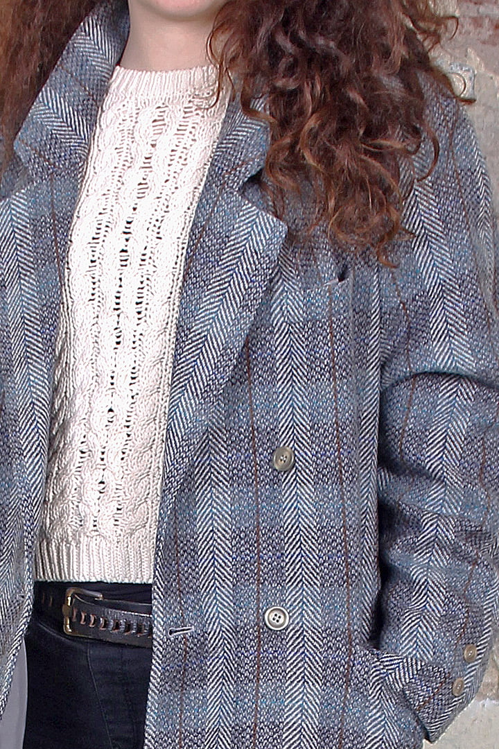 Grijs/blauw wollen geruite blazer met raglanmouw