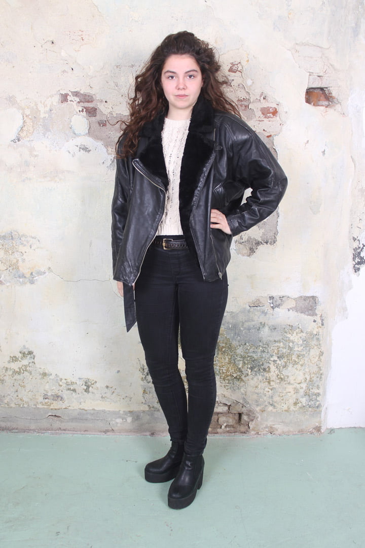 Vintage leren jack met bontkraag