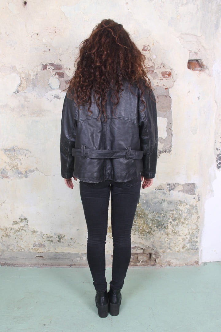 Vintage leren jack met bontkraag