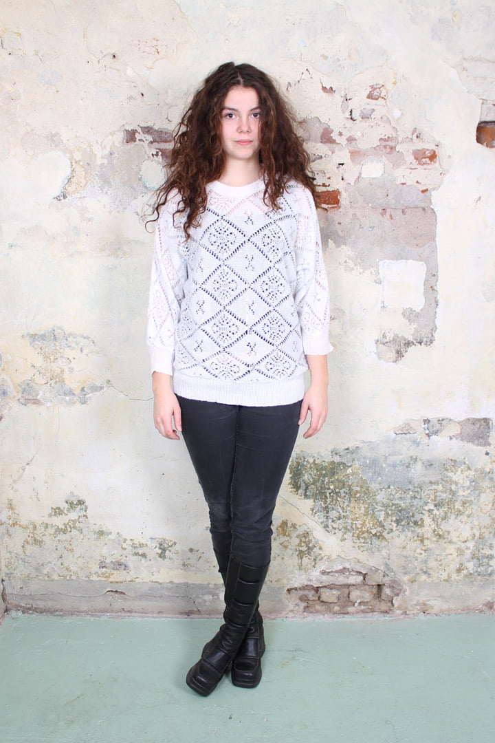 Witte vintage trui met vleermuismouwen en lurexgaren
