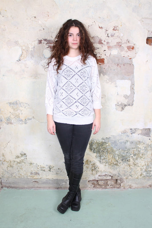 Witte vintage trui met vleermuismouwen en lurexgaren