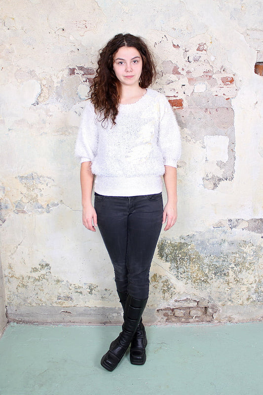 Witte vintage furry trui met bloemen