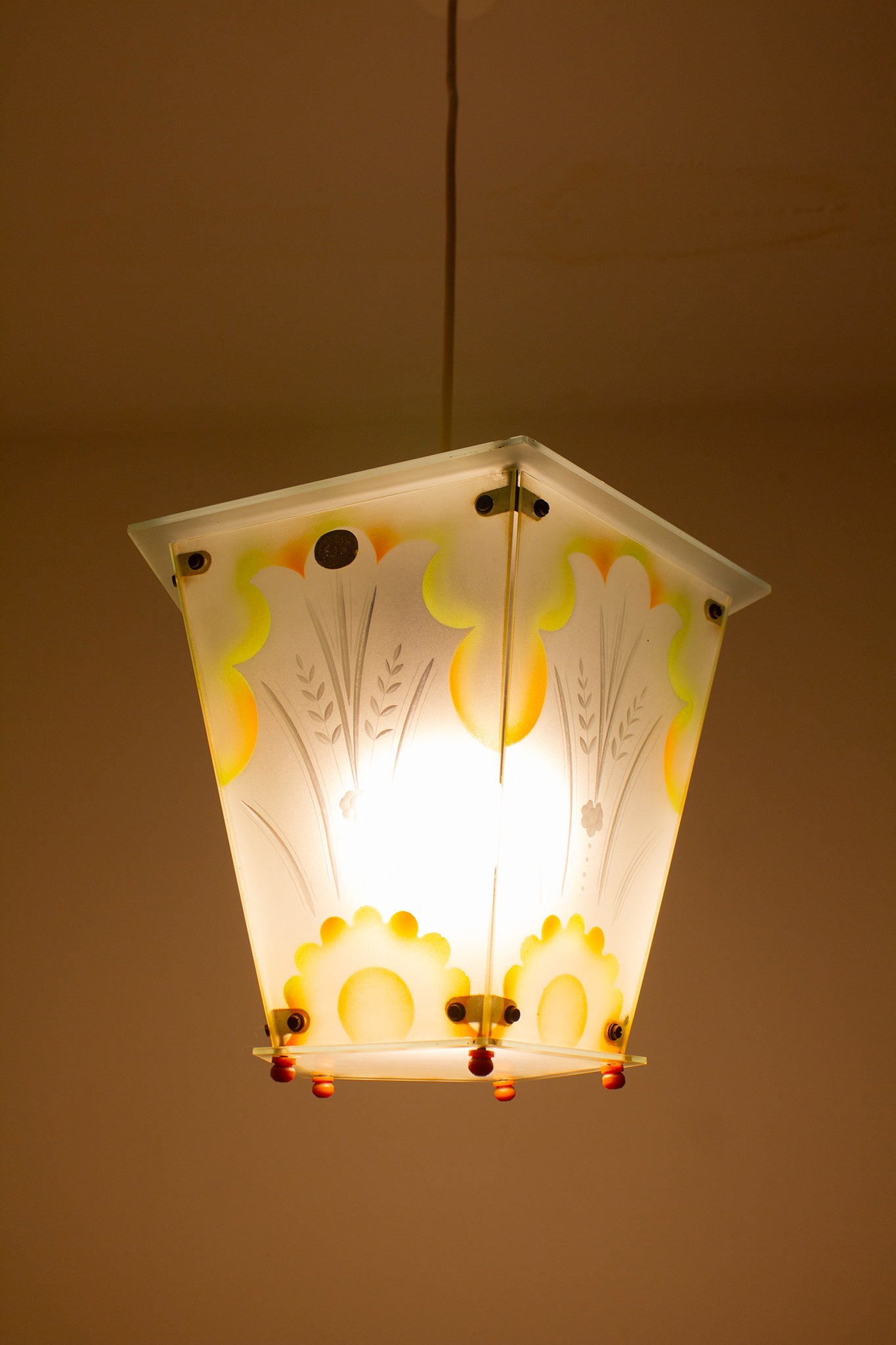 50s/60s DDR Art Deco hanglamp Malecor Leuchten 5-hoek melkglas