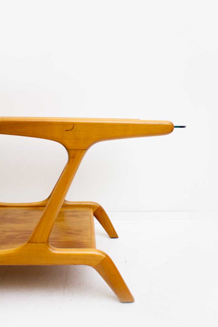 50s De Ster Gelderland houten salontafel met glasplaat