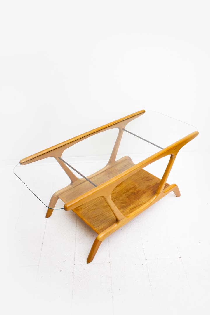 50s De Ster Gelderland houten salontafel met glasplaat