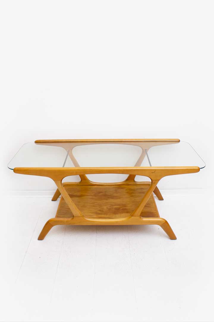 50s De Ster Gelderland houten salontafel met glasplaat
