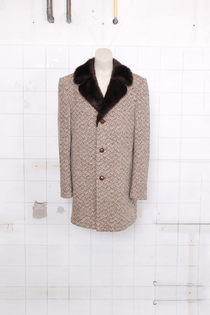 Vintage gemeleerde bruine wollen jas met bontkraagje