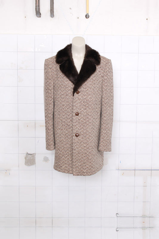 Vintage gemeleerde bruine wollen jas met bontkraagje