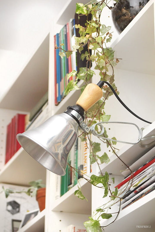 Vintage Hema klemlamp aluminium en hout jaren 90
