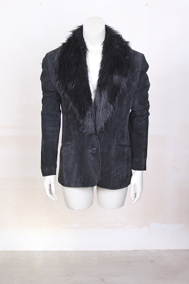 Zwarte leren blazer met bontkraag