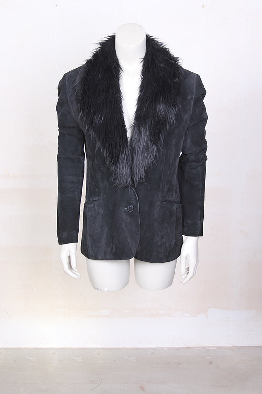 Zwarte leren blazer met bontkraag