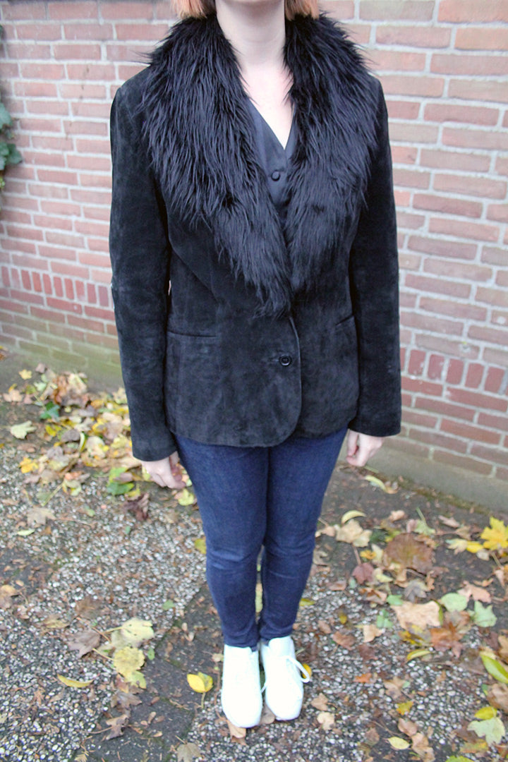Zwarte leren blazer met bontkraag