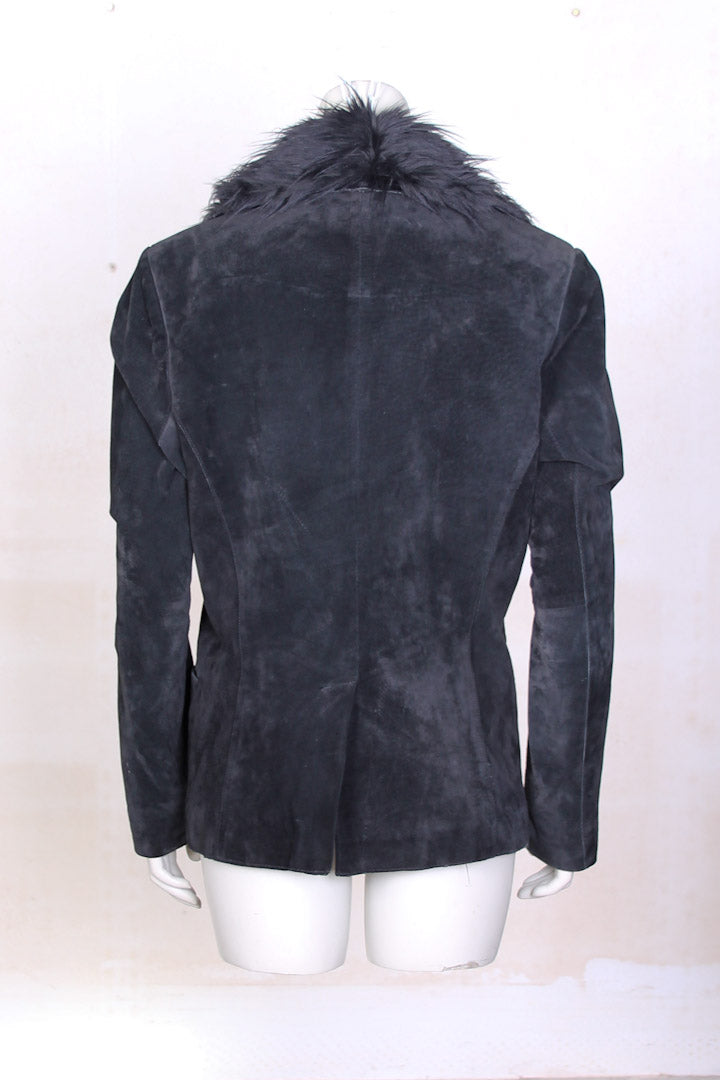Zwarte leren blazer met bontkraag