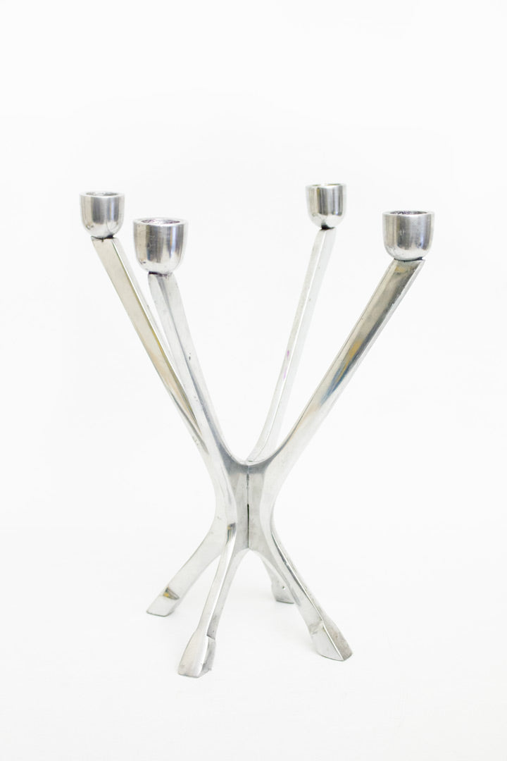70s / 80s aluminium vierpoot vintage kandelaar