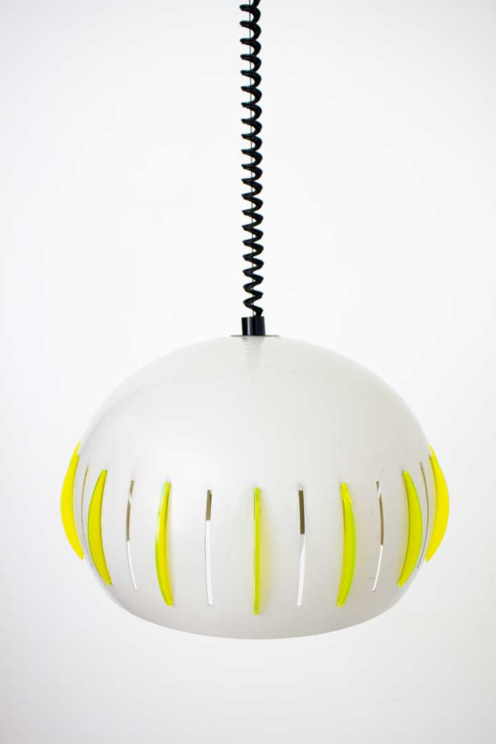 70s UFO hanglamp grijs met neon groene acryl 'lichten'