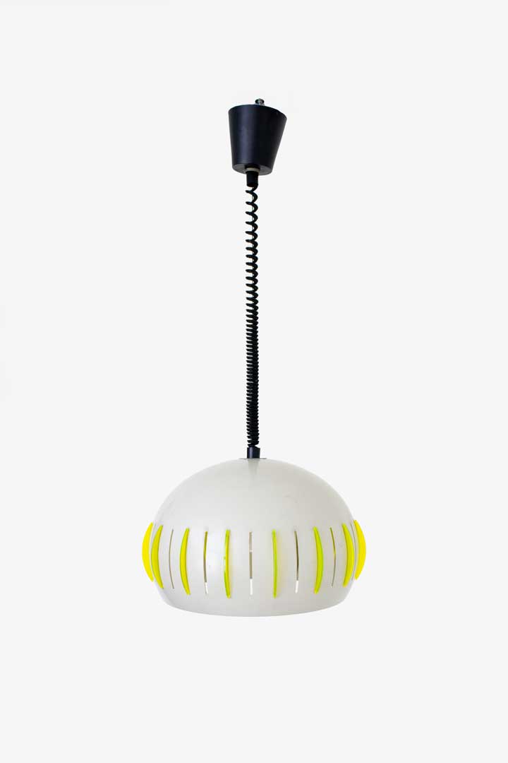 70s UFO hanglamp grijs met neon groene acryl 'lichten'