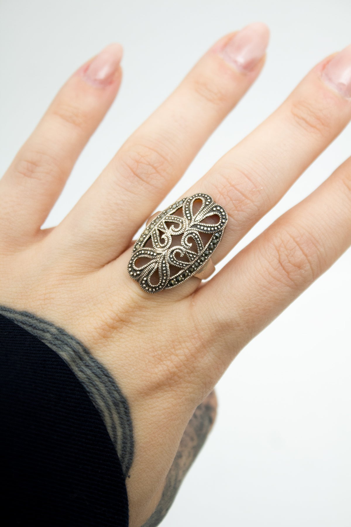  925 zilveren statement ring ingelegd met marcasiet