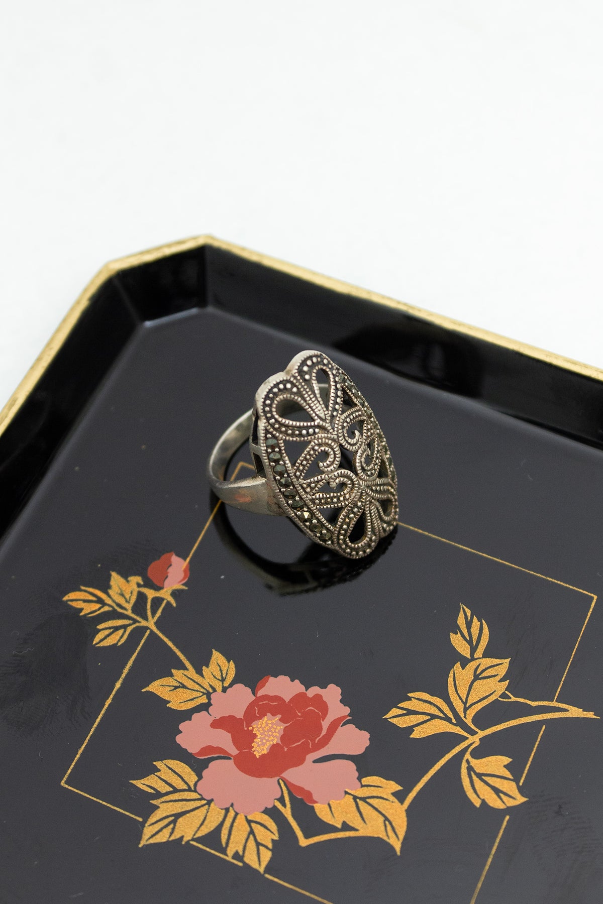  925 zilveren statement ring ingelegd met marcasiet