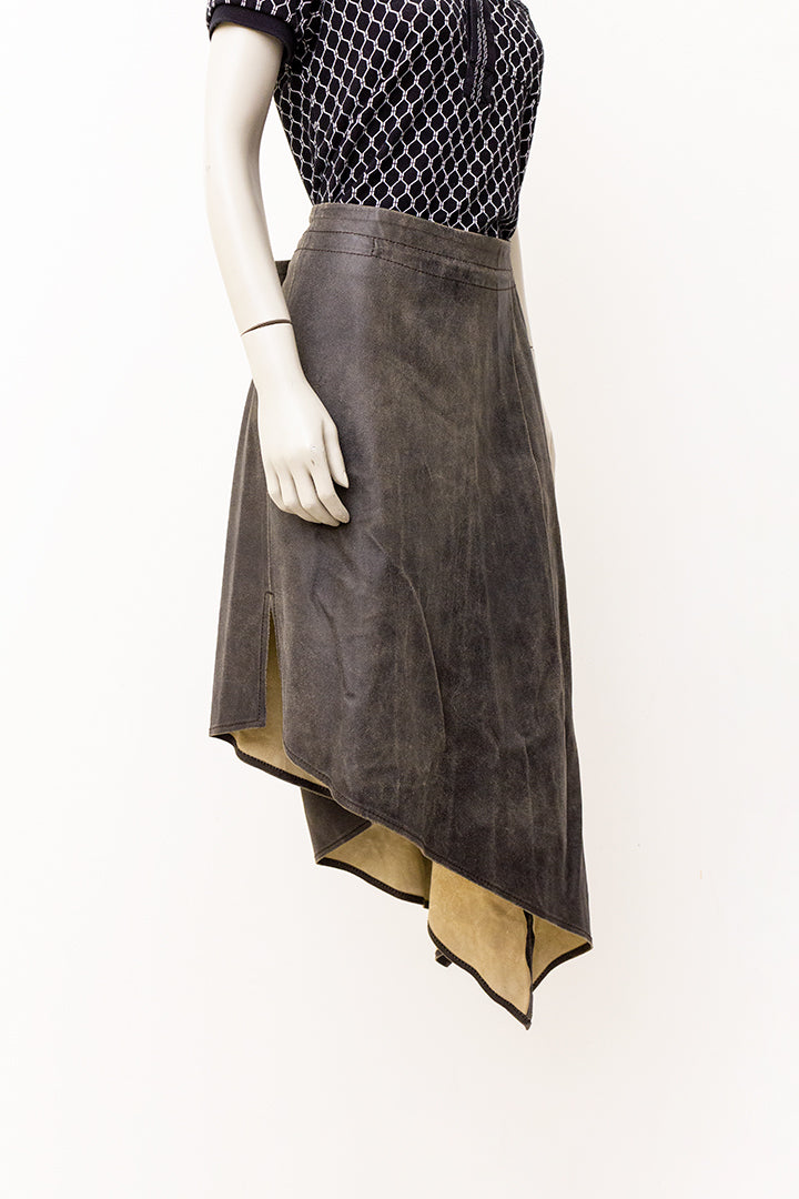 Ann Demeulemeester bruine leren rok met asymmetrische zoom