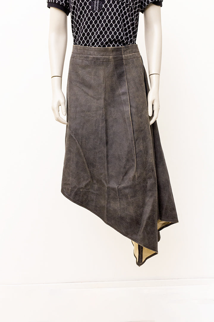 Ann Demeulemeester bruine leren rok met asymmetrische zoom