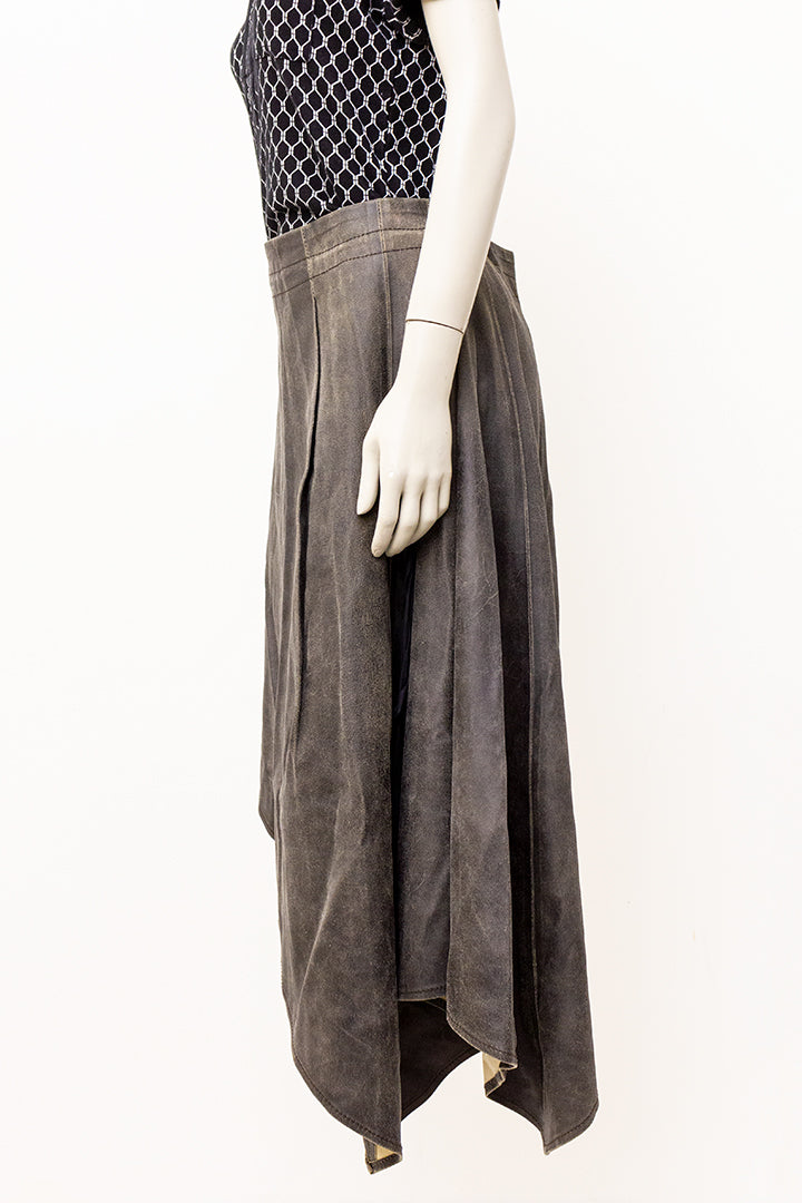 Ann Demeulemeester bruine leren rok met asymmetrische zoom