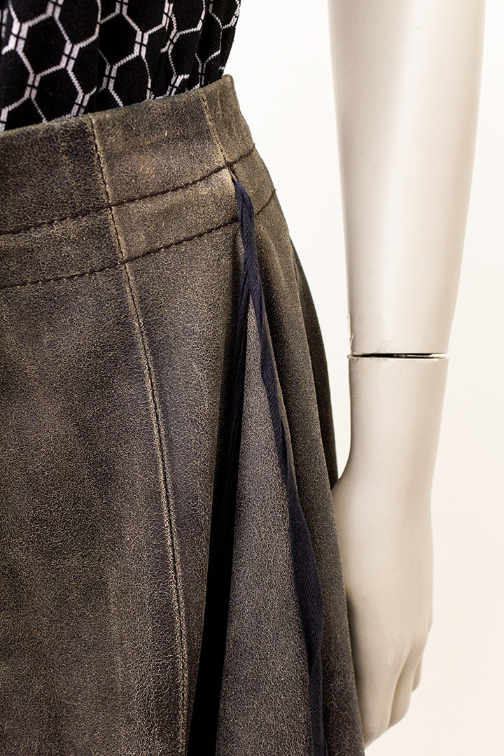 Ann Demeulemeester bruine leren rok met asymmetrische zoom