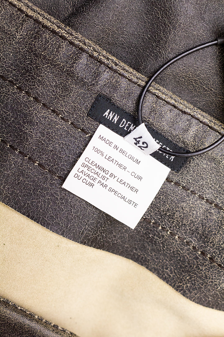 Ann Demeulemeester bruine leren rok met asymmetrische zoom