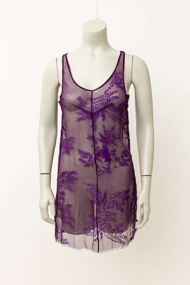 Ann Demeulemeester sheer tuniek paars met borduurwerk en pailletten