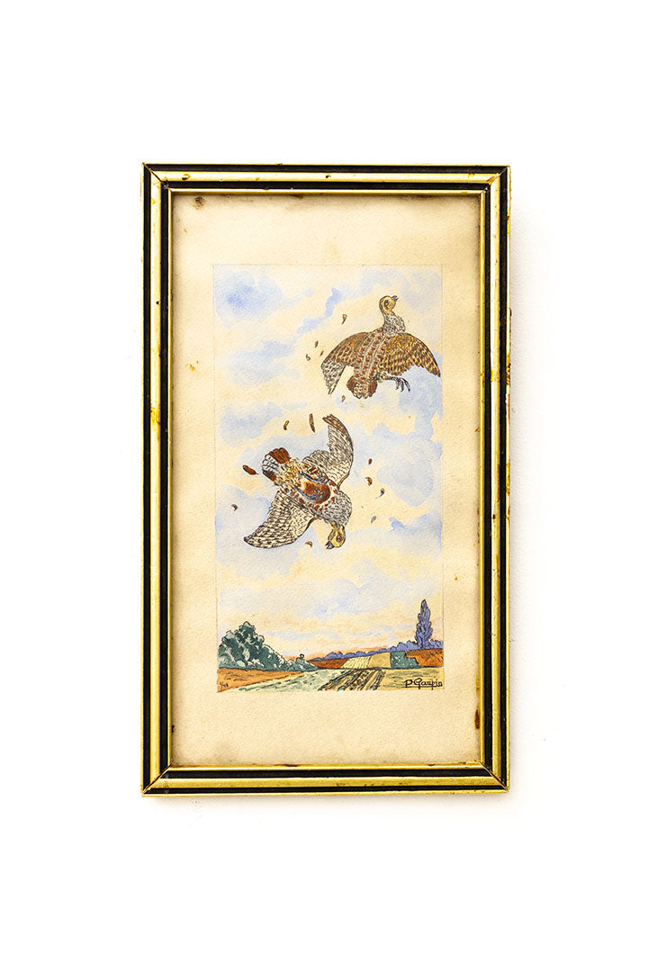 Antieke ingelijste tekening fazanten op het platteland - P Gaupin 1934